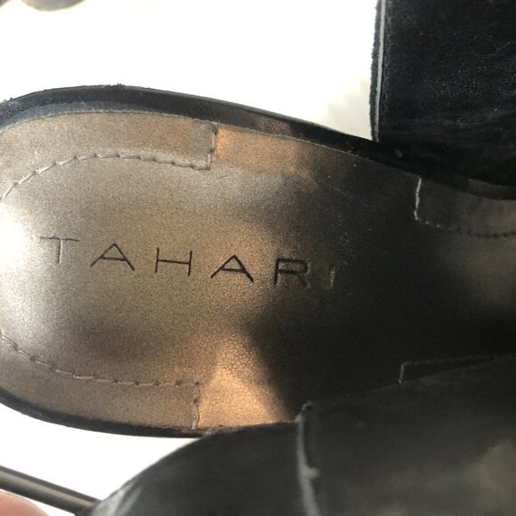 Tahari Margaret Black Suede Peep Toe Stacked Heel Buckle Sandal Size 7.5M - Picture 5 of 6